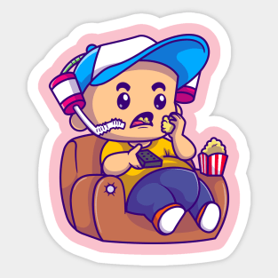 Cute Boy Eating Popcorn On Sofa Cartoon Sticker